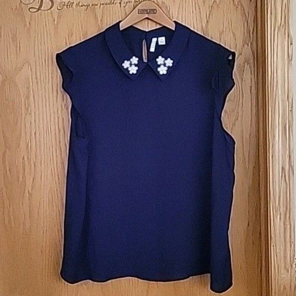 Elle Women Dressy Ruffle Cap Sleeves Blouse Size XLarge Navy Solid XL
